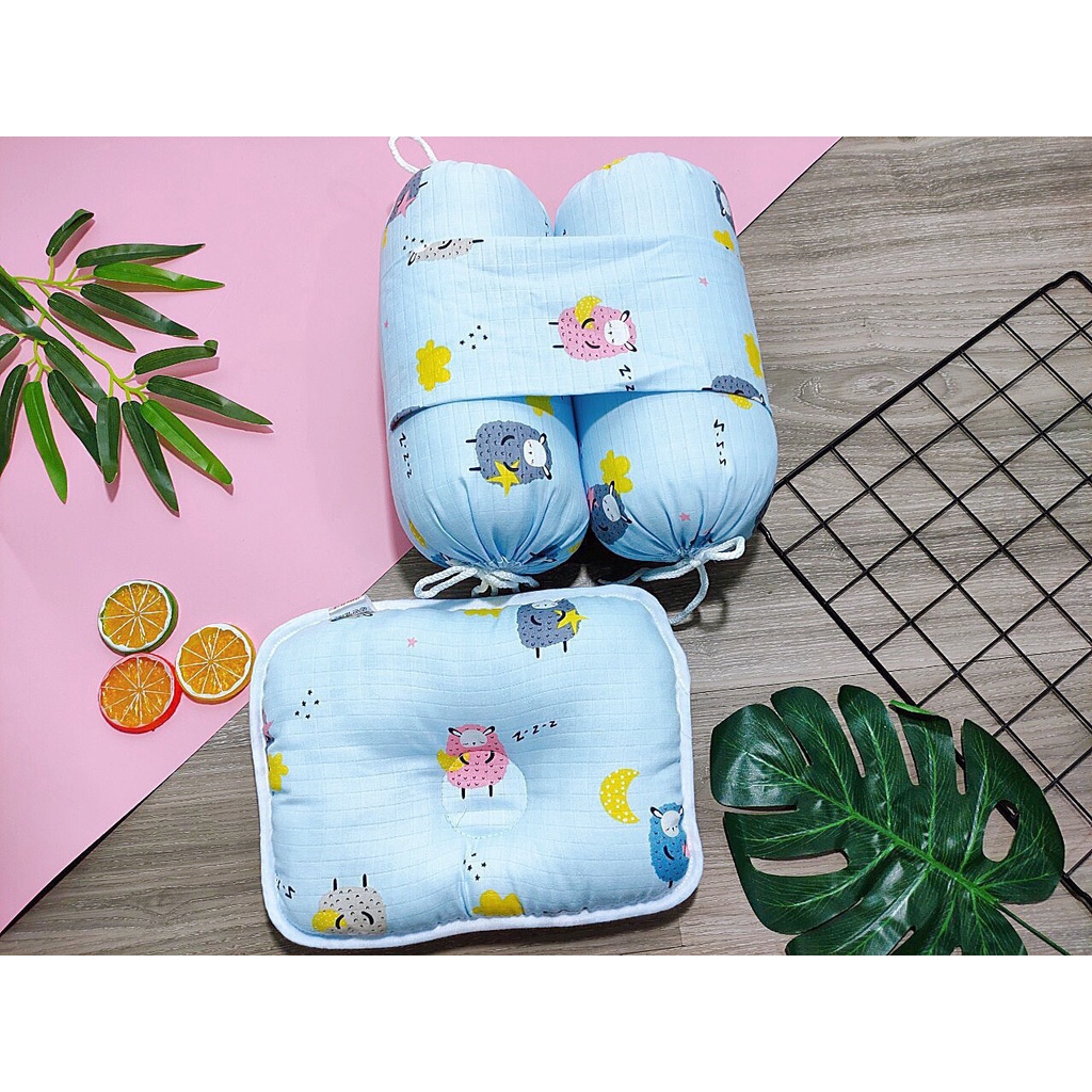 Bộ gối và chặn vải sợi tre cao cấp cho bé sơ sinh, hàng đẹp