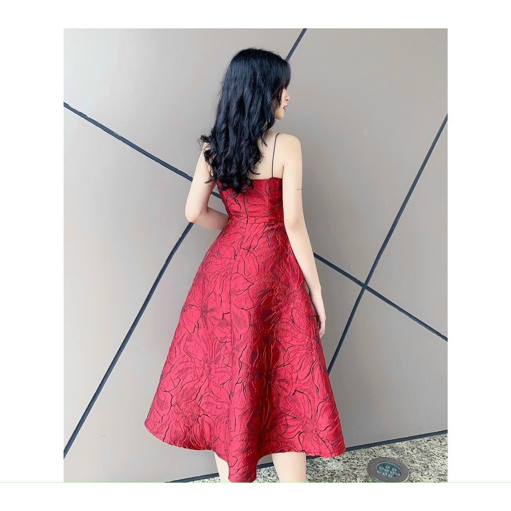 Đầm dự tiệc cổ vuông 2 dây dáng xòe chất gấm hoa cao cấp Vavi Dress