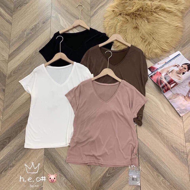 Áo Thun Suông Trơn Lụa Giấy Cổ Tim Nữ  Nana's House - FREESHIP  Áo phông dáng rộng basic, chất liệu cao cấp Ulzzang