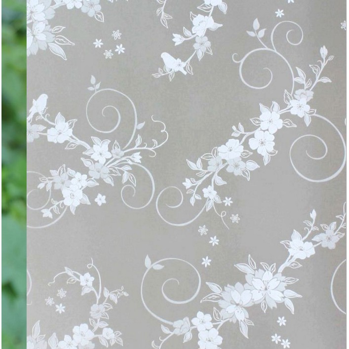 Decal giấy dán kính chim và hoa trắng khổ rộng 0.45m