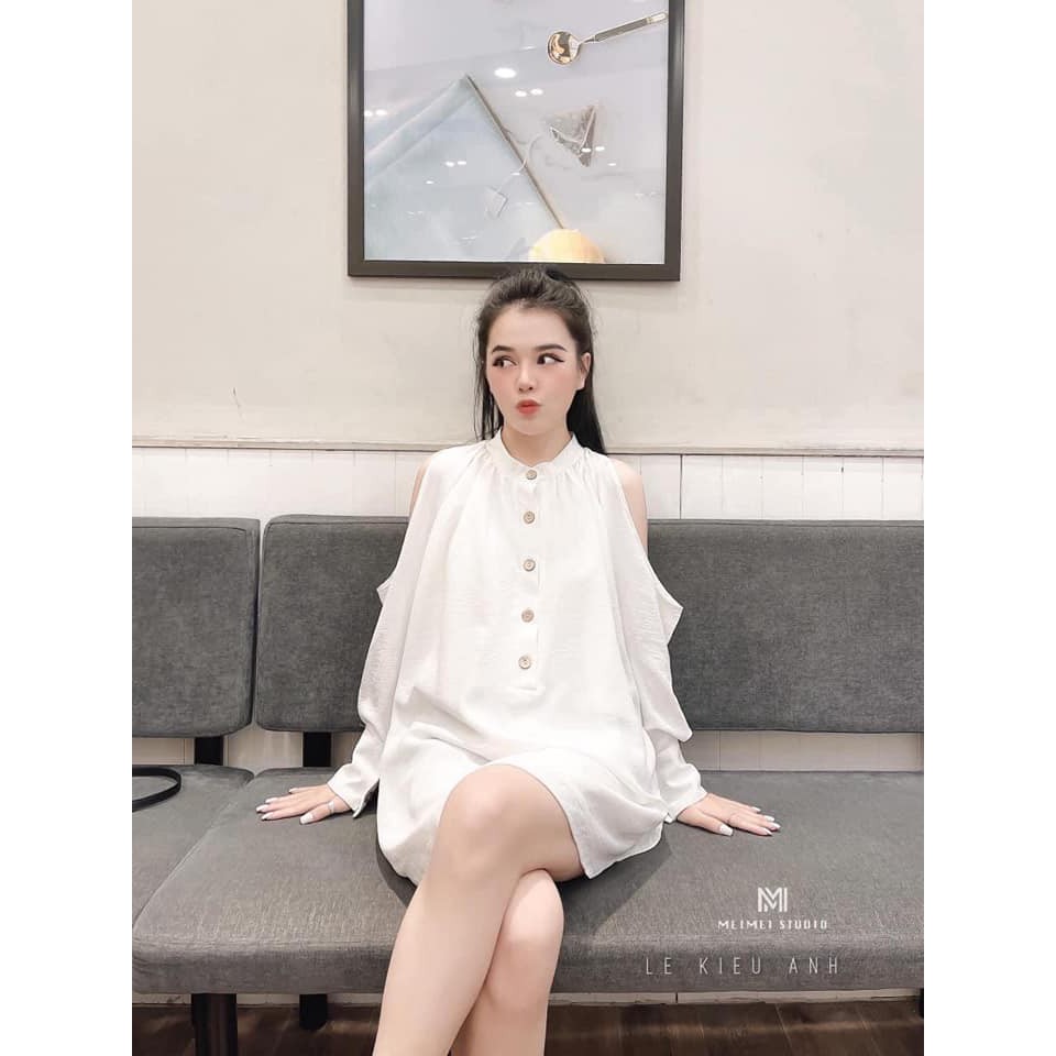 [Mã WASKT410K giảm 10K đơn 50K] Váy Sơ Mi Hở Vai Đũi Lụa Nhăn Cao Cấp