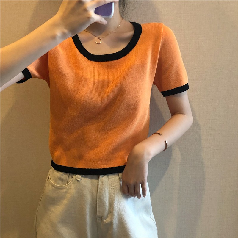 Áo croptop len viền tay ngắn freesize hàng Quảng Châu đơn giản trẻ trung cho nữ | BigBuy360 - bigbuy360.vn