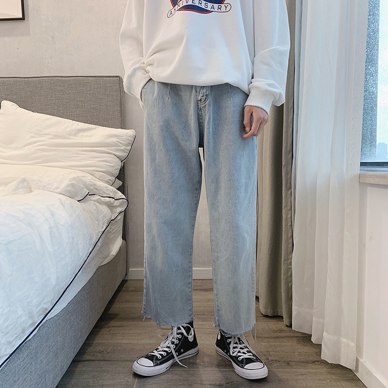 Quần jean baggy xanh unisex, rách gấu ống suông phong cách Hàn Quốc 2021 - BD CLOTHES | BigBuy360 - bigbuy360.vn