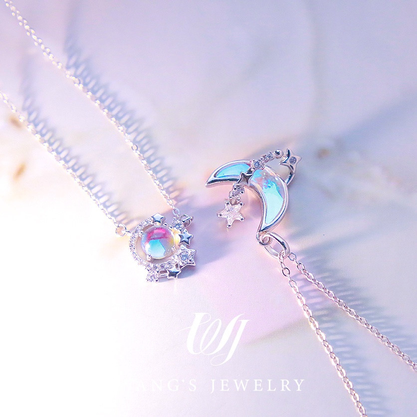 Bộ Vòng cổ Bằng Bạc Sterling Mặt Trăng Khuyết Lấp Lánh Phong Cách Mới Nhất Dành Cho Gia Đình