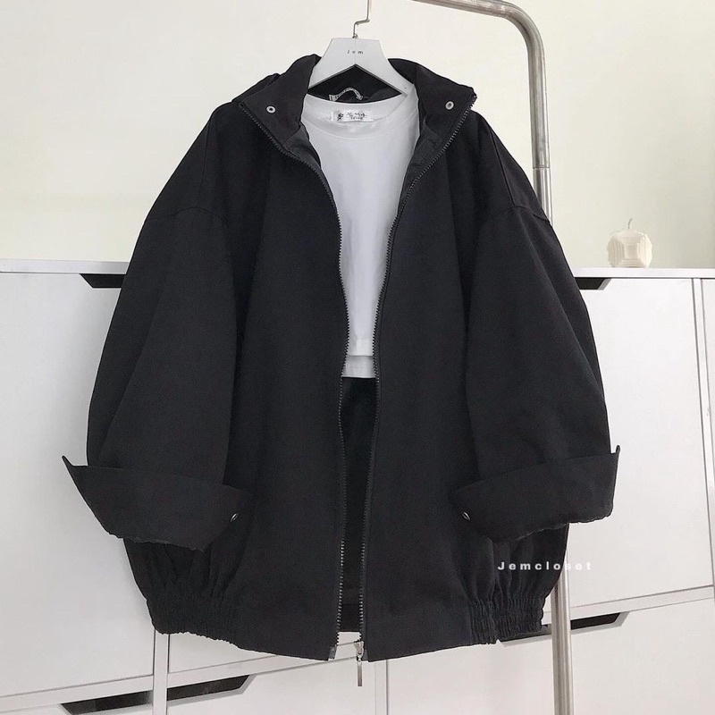 Áo Khoác Kaki Nữ Kèm Mũ Rubystore♥️ Áo Bomber Jacket Nữ Form Rộng Chun Gấu Hai Màu Đen Be Phong Cách Trẻ Trung 2022