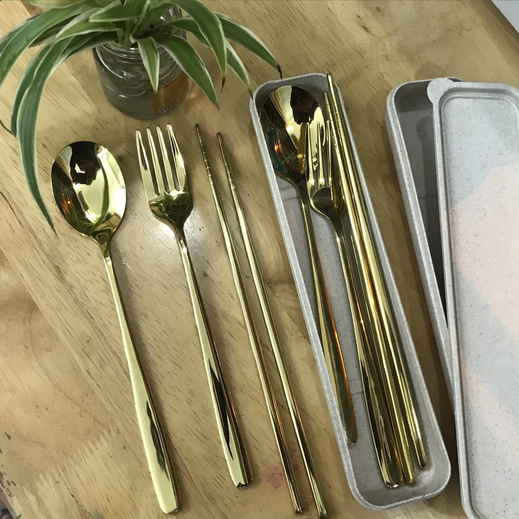Set 3 Món Muỗng Đũa Nĩa Inox Cao Cấp Phủ Bóng Mạ Vàng Sang Trọng,hộp nhựa PP, cho văn phòng và du lịch