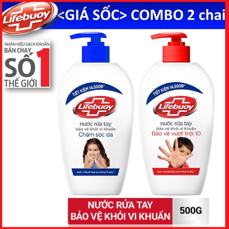 Nước rửa tay LIFEBUOY màu xanh  chai 500g   và 180g bảo vệ vượt trội 10 khỏi vi khuẩn