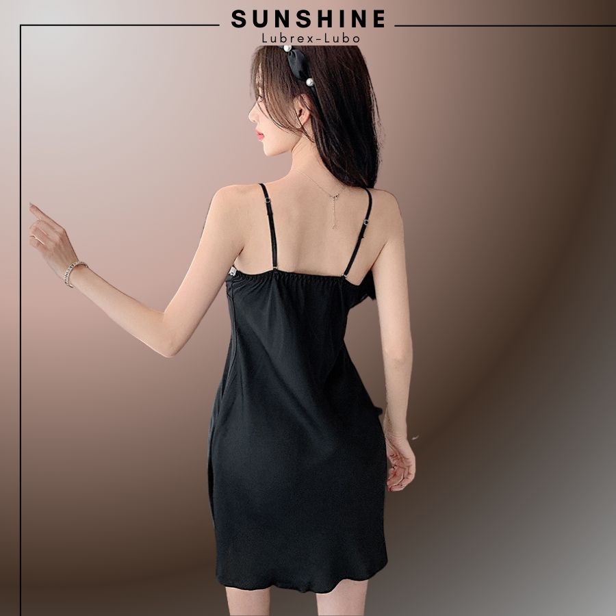 Váy Ngủ Lụa Sexy 2 Dây Satin Phối Ren Có Mút Ngực Quyến Rũ Gợi Cảm Màu Đen - SUNSHINE LUBREXLUBO -VL165