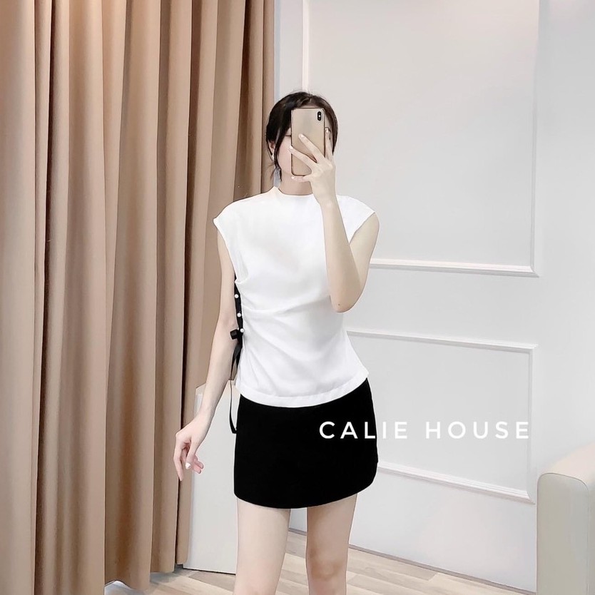 Áo sơ mi lụa rúm sườn đính cúc ngọc tay hến - áo sơ mi công sở nữ
