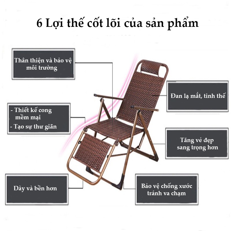 Ghế nằm thư giãn đan mây BTY, ghế xếp thư giãn đọc sách, nằm ngủ có gối tựa, bibi shop