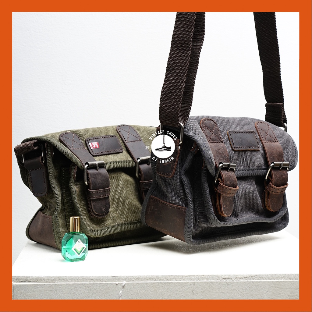 [CHỐNG NƯỚC] Túi đeo chéo hông nam Cavas phối Da thật chống thấm Vintage cao cấp Phong cách quân đội Workwear bag VNXK