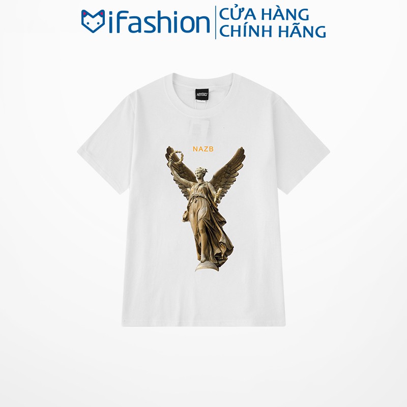 Áo thun tay lỡ IFASHION 100% cotton dáng unisex form rộng in hình tượng nữ thần có cánh N081