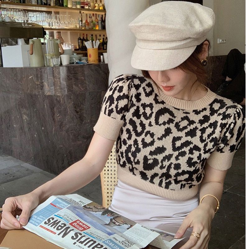 Áo dệt kim tay ngắn cổ tròn in da báo thời trang phong cách retro