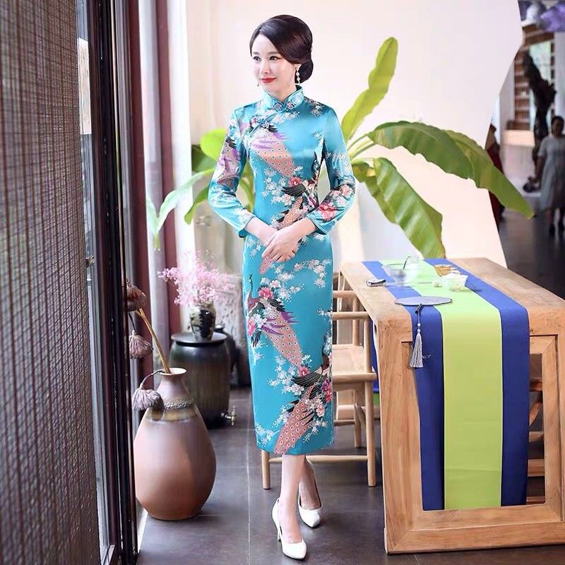 Áo dài Đầm Sườn Xám Tay Dài Dáng Dài Thời Trang Chụp Ảnh Hàng Ngày Cho Phụ Nữ Lớn Tuổi