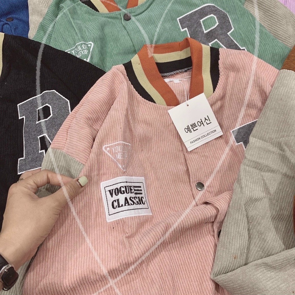 Áo Khoác Bomber Nhung Tăm Đa Sắc Màu Logo Thêu Nổi Kiểu Nút Bấm Phối Màu Dễ Thương Siêu Xinh Trending