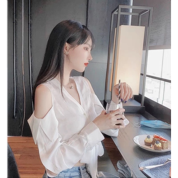 Áo Kiểu Tay Dài Trễ Vai Cổ Chữ V Họa Tiết Sọc Caro Thiết Kế Mới Thời Trang Cho Nữ