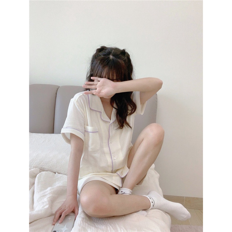 Bộ Đồ Ngủ 100 Món Áo Tay Ngắn Phối Quần Short Vải Cotton Lanh Kiểu Hàn Quốc Thời Trang Mùa Hè Cho Nữ