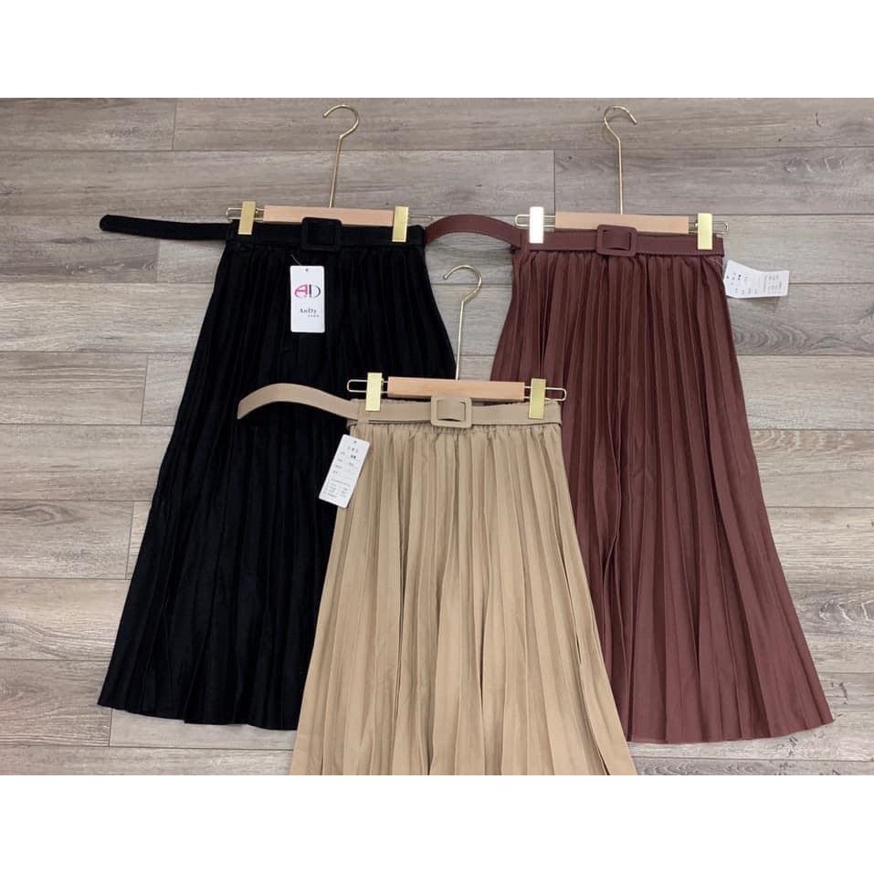 Chân váy midi xếp ly kèm dây nịt, thắt đai eo - Miêu Lê