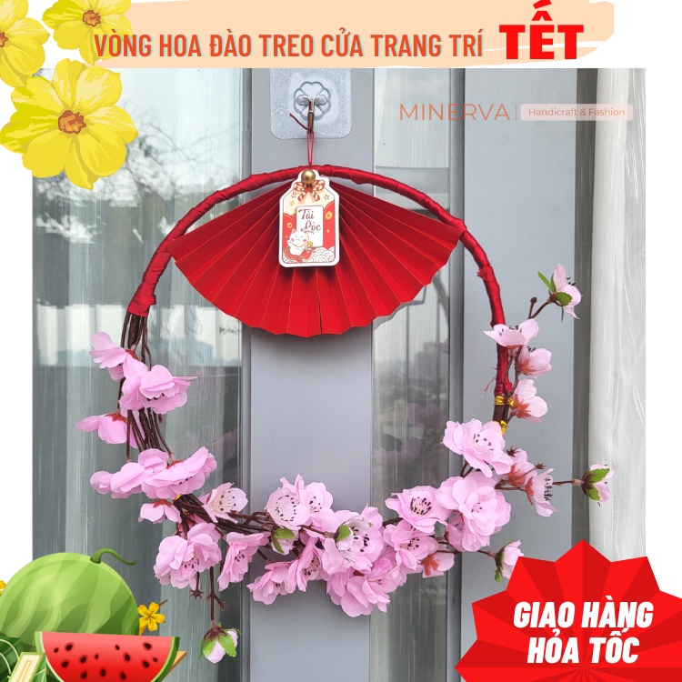 [TẾT 2023] Vòng hoa đào màu hồng nhạt treo cửa trang trí Tết 28 cm