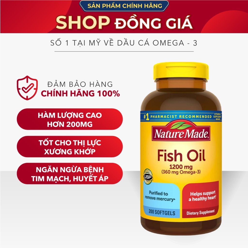 Dầu Cá Omega Mỹ Nature Made Fish Oil 1200mg Hàm lượng cao Omega 3 Hộp