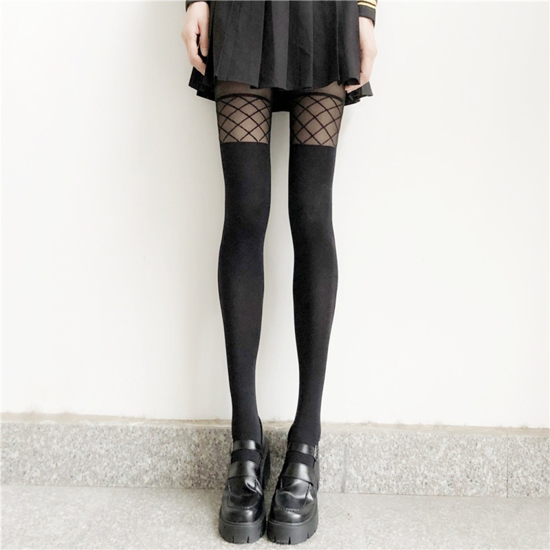 Xiangbao Quần Tất Lưới Jacquard In Họa Tiết Hình Xăm Giả Màu Đen Phong Cách Goth Cho Nữ