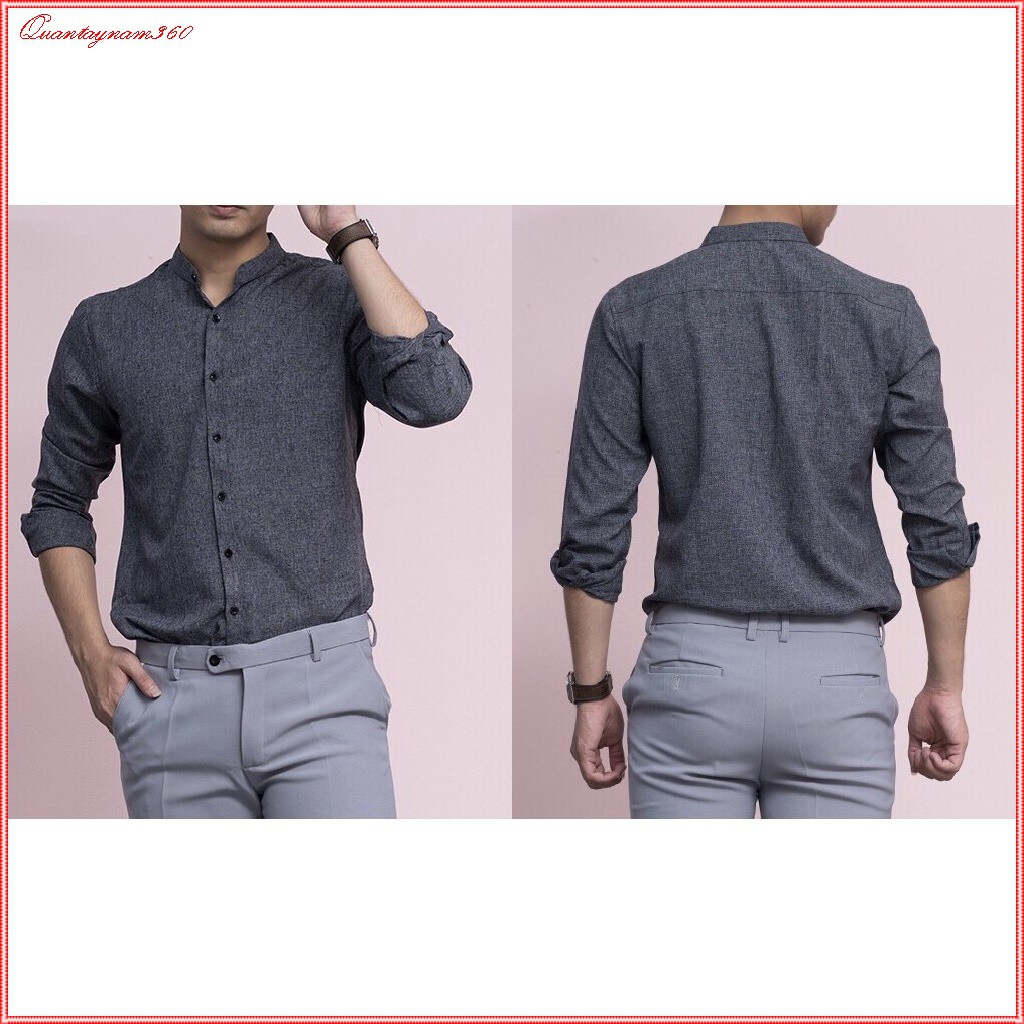 Áo sơ mi nam cổ tàu cách điệu dài tay chất vải đũi rẻ đẹp chất lượng tuyệt vời phong cách Hàn Quốc | BigBuy360 - bigbuy360.vn