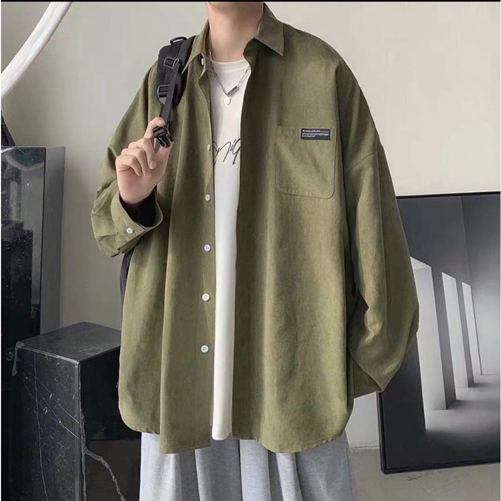 Áo sơ mi màu trơn tay dài dáng rộng cổ bẻ phong cách Hàn Quốc thời trang xuân thu cho nam