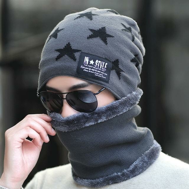 Set mũ kèm khăn hình sao 2in1 lót lông Hàn Quốc