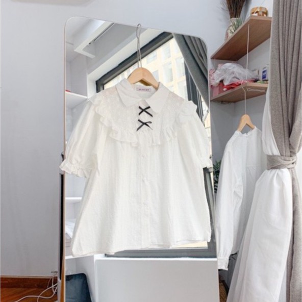 Áo sơ mi trắng cộc tay đính nơ siêu xinh,áo sơ mi nữ(hàng có sẵn)