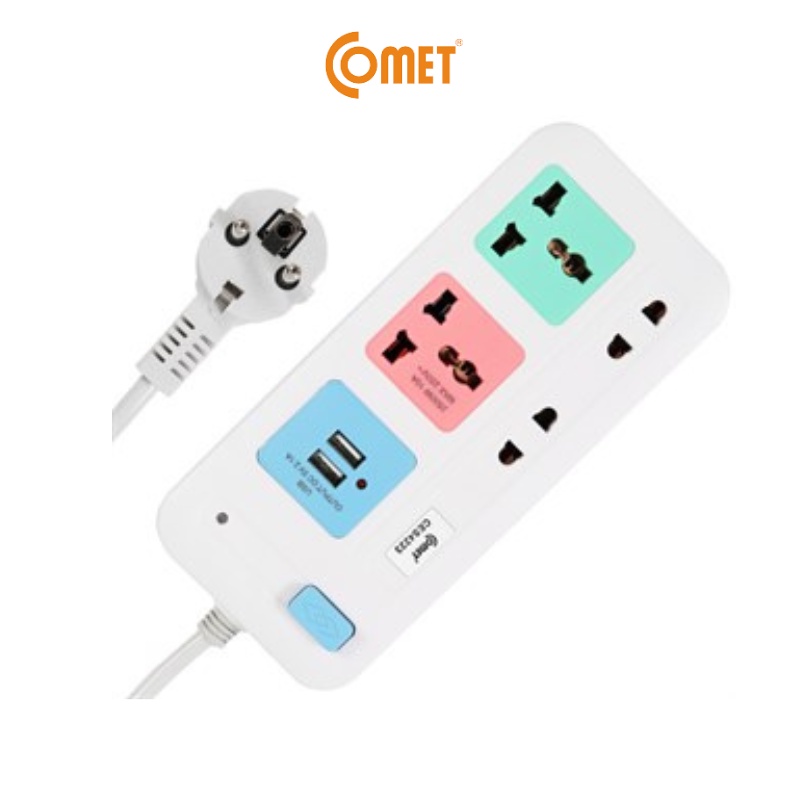 Ổ Cắm Điện Đa Năng Comet CES4223 2500W dây dài 3m, 4 lỗ cắm, 2 cổng sạc USB, 1 công tắc