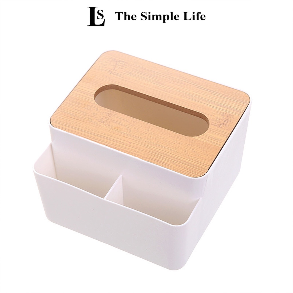 Hộp đựng giấy ăn nắp gỗ, hộp chứa khăn giấy có 2 ngăn để đồ đặt bàn phòng khách, phòng ngủ, bàn làm việc [CHÍNH HÃNG]