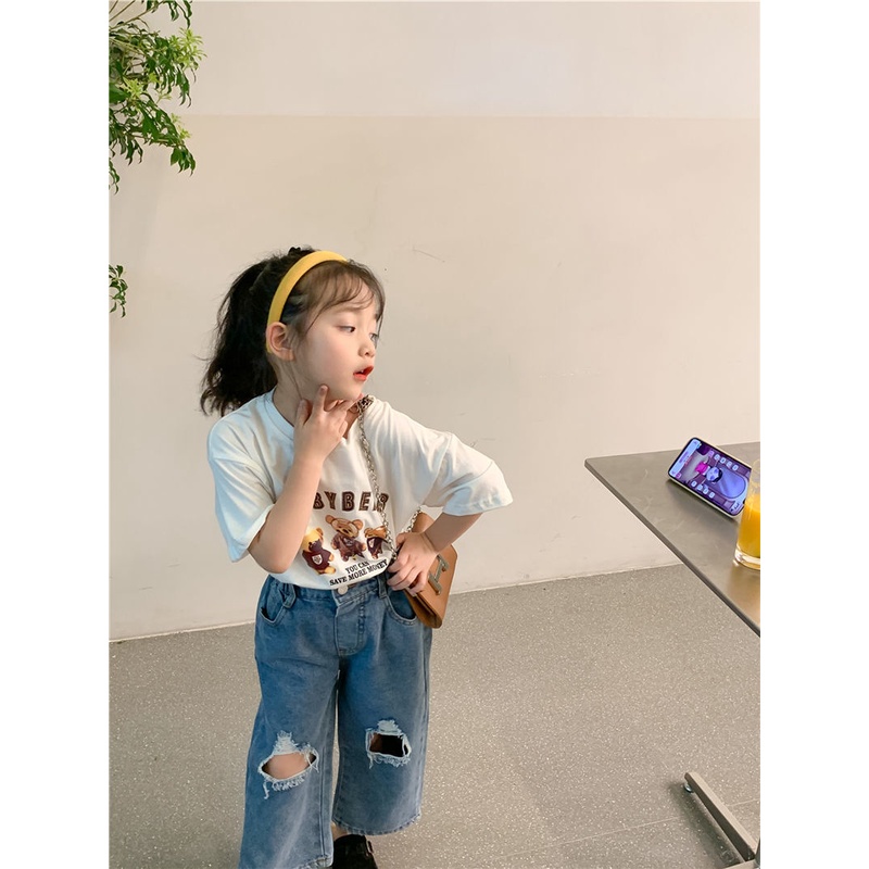 Áo Thun 100% Cotton Cổ Tròn Tay Ngắn In Họa Tiết Hoạt Hình Phong Cách Hàn Quốc Thời Trang Mùa Hè Cho Bé Gái