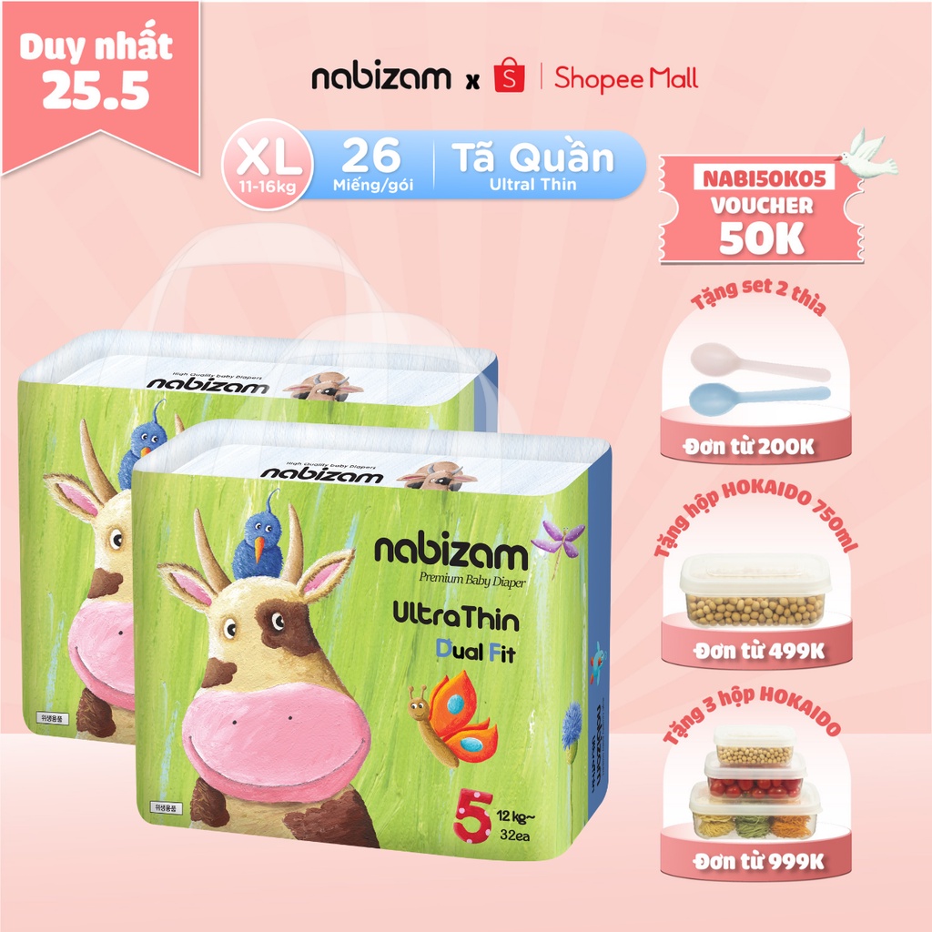 Combo 2 Bịch Bỉm Dán NABIZAM Ultra Thin Nội Địa Hàn Siêu Mỏng Size XL Cho Bé Trên 12kg, 32 Miếng/Bịch