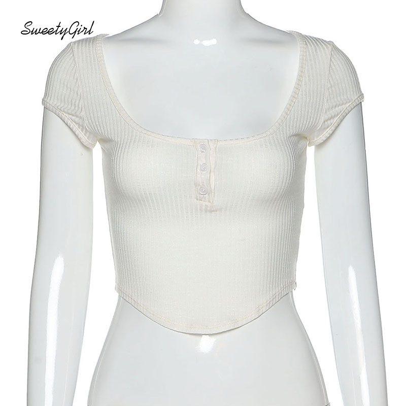 Áo croptop tay ngắn cổ chữ U màu trơn có nút cài thời trang cho nữ