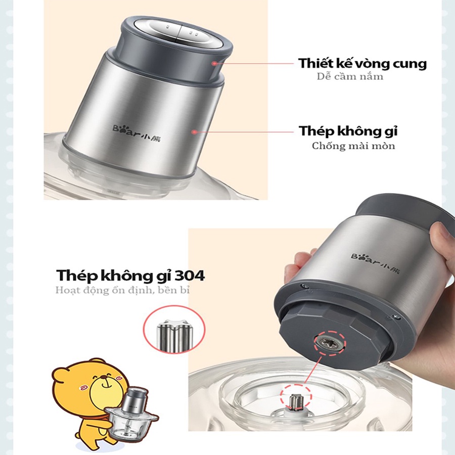 Máy xay thịt đa năng Bear cối thủy tinh 2L 300W, lưỡi dao 4 cánh thép không gỉ, HomeMart – Hàng chính hãng BH 6-18 tháng