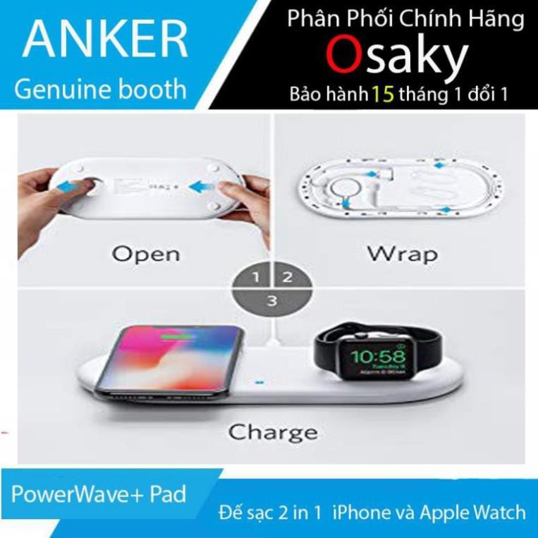 ế sạc không dây 2 in 1 Anker PowerWave + Pad Sạc cùng lúc iPhone và Apple Watch  - Osaky