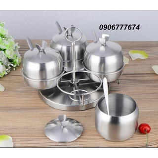 Bộ hủ inox 304 đựng gia vị kèm khay chân đế