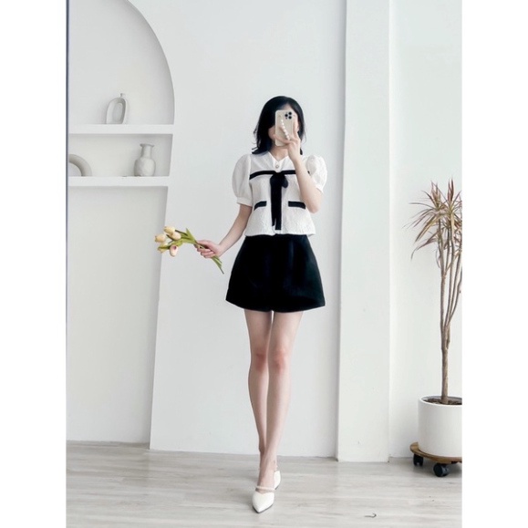 Áo cộc xốp phối nơ 2 màu siêu Hot_163 nội y xanh thiết kế thoáng mát