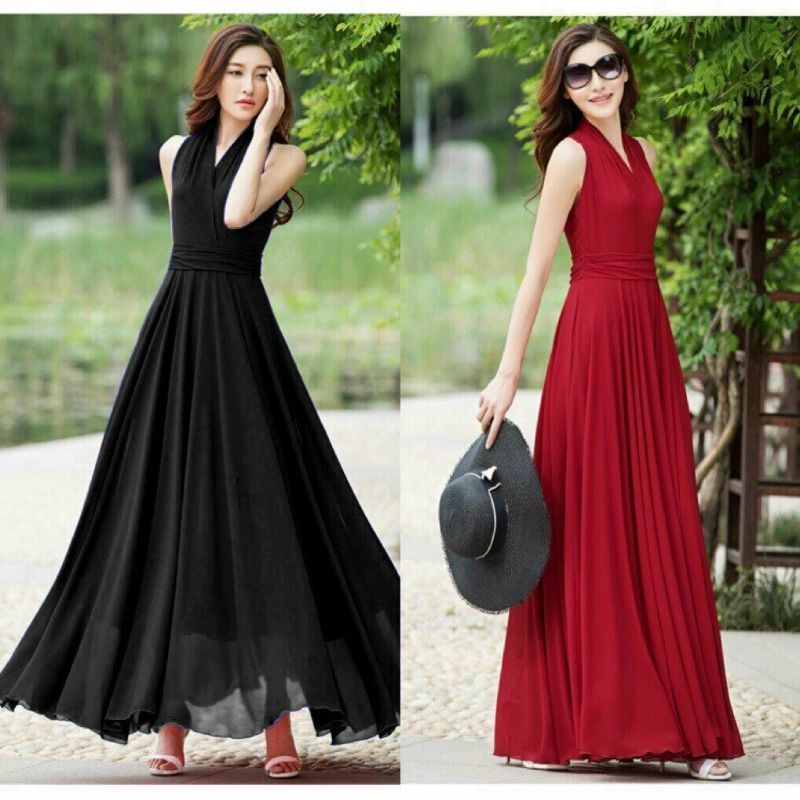 Đầm maxi xoè dáng dài cổ V eo xếp li cách điệu Lh0917399527