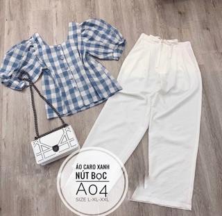 Bigsize Áo caro xanh nút bọc A04