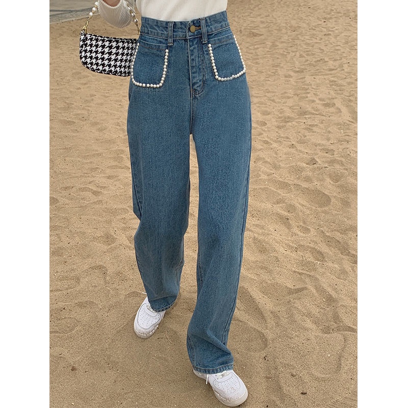 Quần jean dài lưng cao ống rộng đính ngọc trai kiểu Vintage cá tính