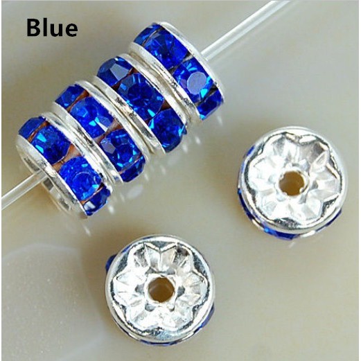 Bộ 50 hạt cườm mạ bạc đính đá pha lê lấp lánh 8mm