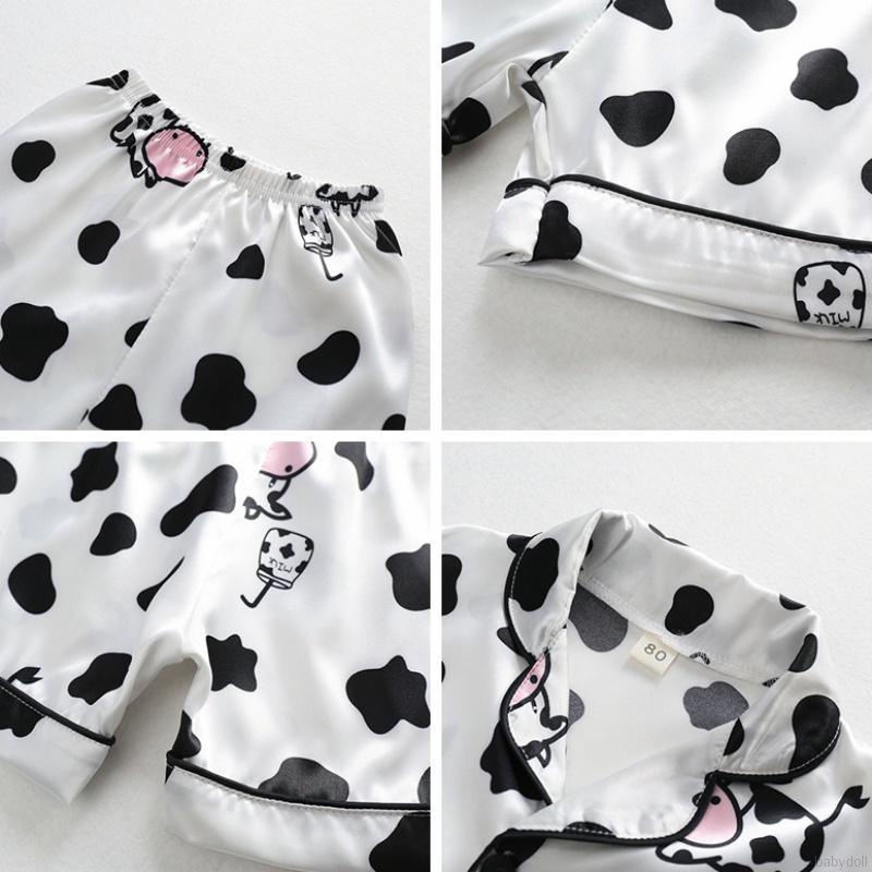 Set đồ ngủ quần short vải lụa lạnh ngắn tay in hình bò sữa cho bé 1-10 tuổi