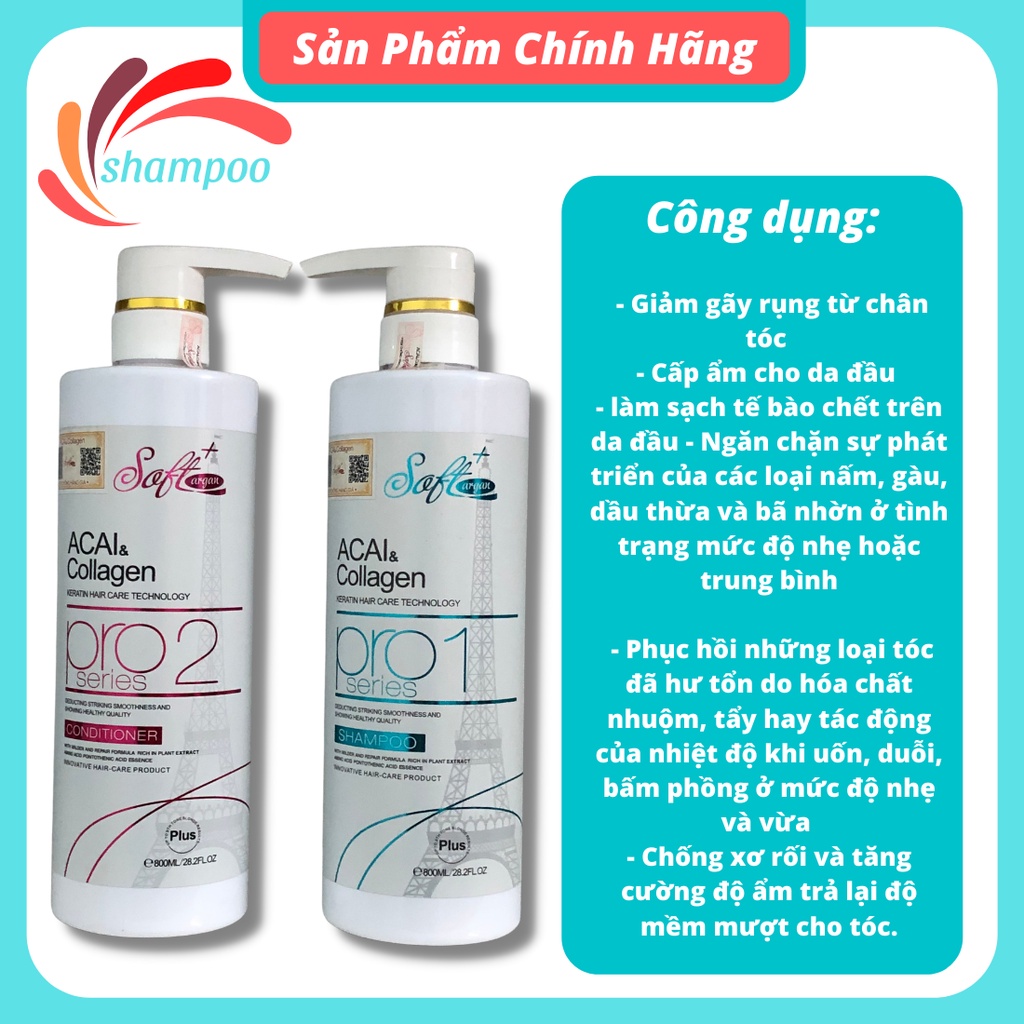 Cặp dầu gội xả collagen SOFT AGAN 800ml giúp tóc bóng mượt dưỡng sâu