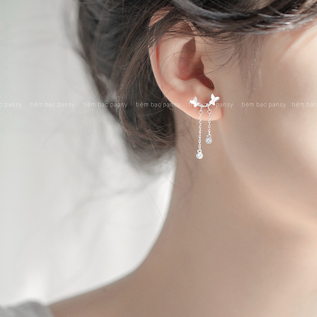Bông tai bạc nữ PANSY hình cánh bướm thả sợi dáng dài, khuyên tai bạc hồ điệp xinh xắn