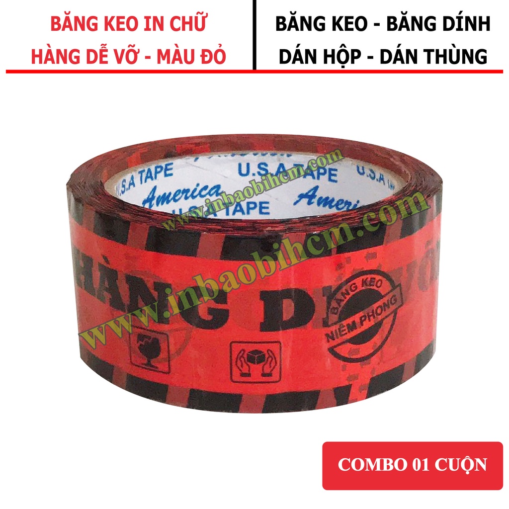 Băng keo HÀNG DỄ VỠ siêu dính màu ĐỎ, Dày 50 Mic, Bản 4F8, Băng keo dán thùng, dán hộp giá rẽ, InbaobiHCM