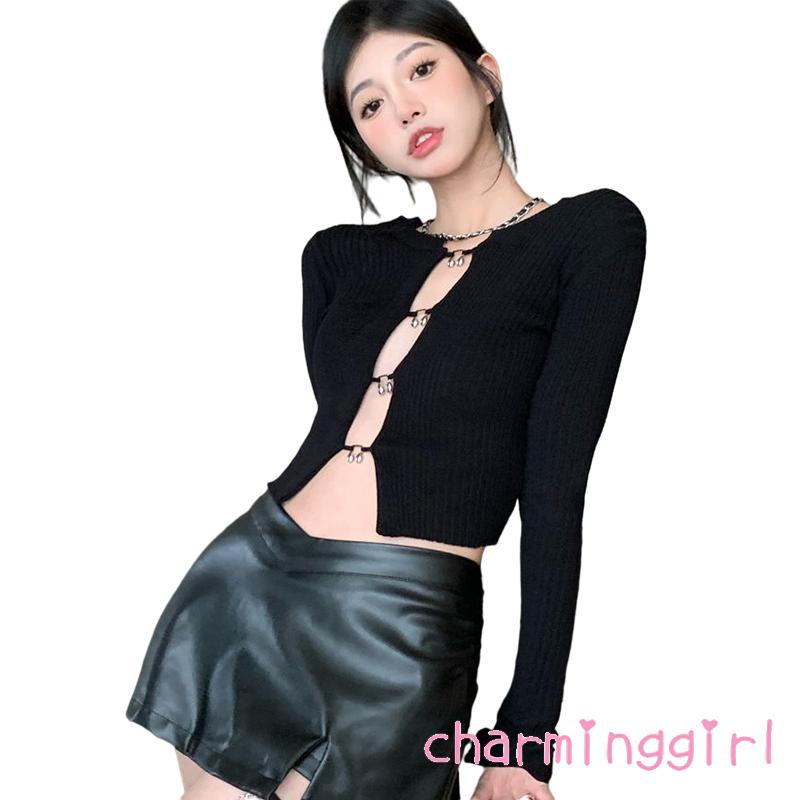 Áo Croptop Tay Dài Cổ Tròn Màu Sắc Trơn Thời Trang Mùa Xuân Cho Nữ