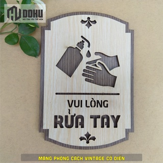 Biển Báo Nhắc Nhở Rửa Tay Sát Khuẩn Bằng Gỗ [DOHU346] Cắt Khắc Laze Độc Lạ - Có sẵn băng keo 2 mặt phía sau dán tường