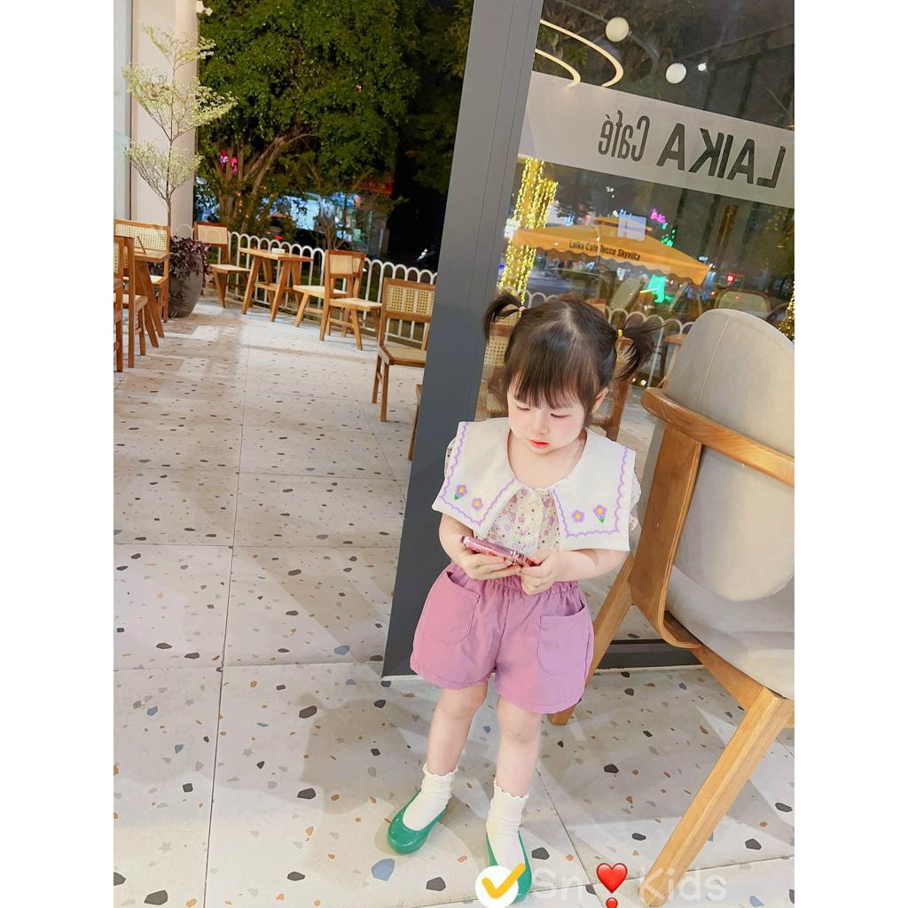 Quần áo bé gái, set bộ áo thô hoa cổ vuông thêu bản to phối quần đùi thô bổ túi cho bé 12-30kg