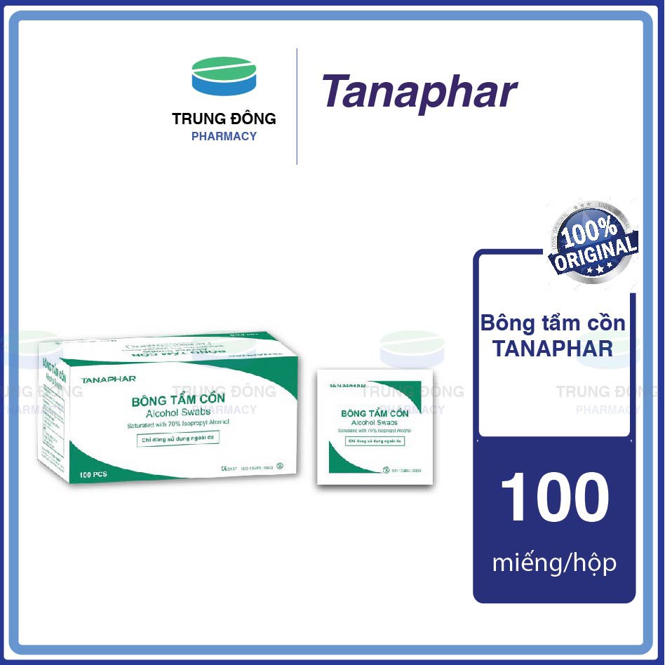 Bông tẩm cồn TANAPHAR giúp làm sạch, giảm nhiễm khuẩn hiệu quả, Hộp 100 miếng - Trung Đông Pharmacy